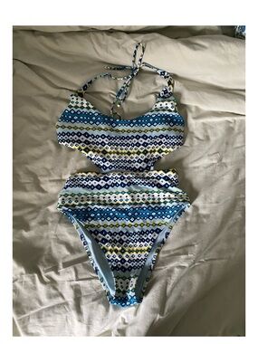 Aerie Blue & White Geometric Cutout One-Piece Swimsuit